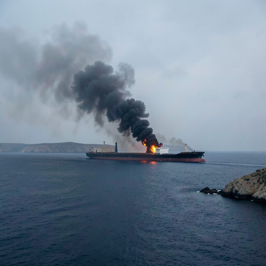 Oil Supertanker Fire in Strait of Hormuz After Sea Mine Strike